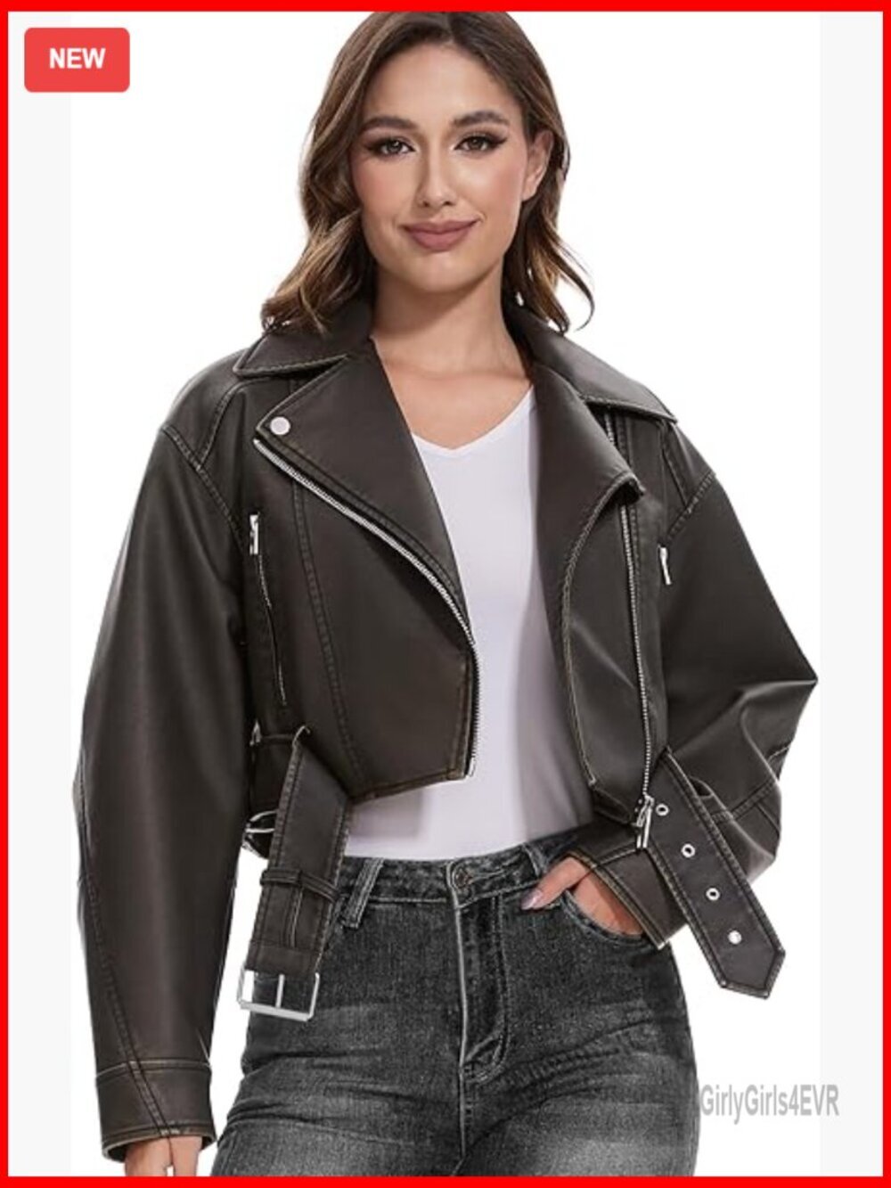 Faux Leather Motorcycle Jacket Women's Moto Biker Coat Long Sleeve Zipper